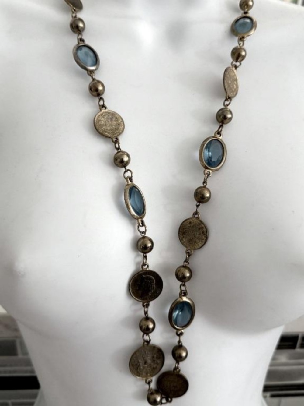 Vintage Venezuelan Bolivar Coin & Blue Glass Station Necklace Gold Tone Boho